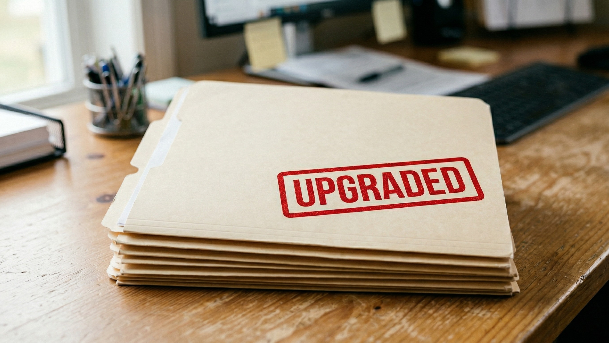 Stack of office folders stamped “UPGRADED,” symbolizing rising analyst ratings for stocks like Micron in 2026.