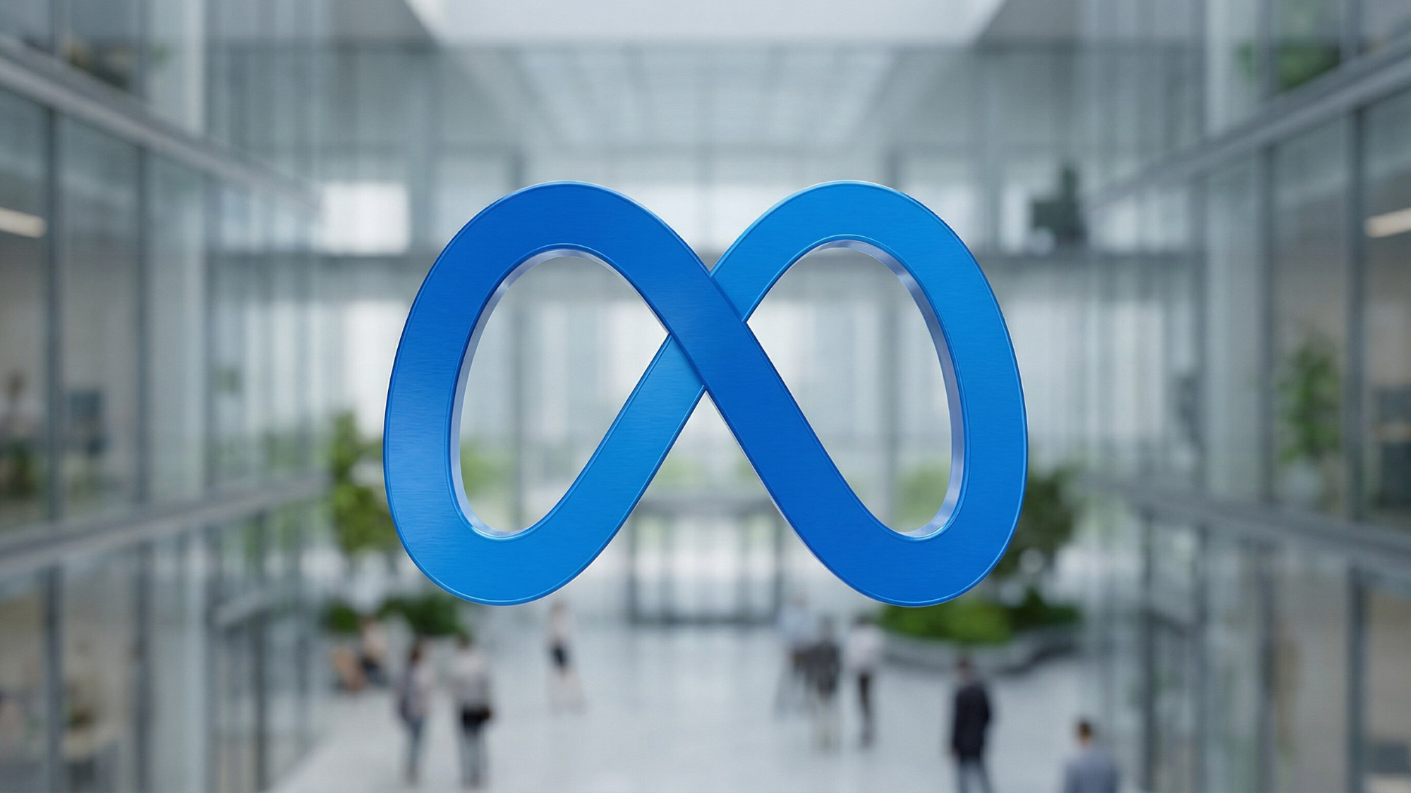 Meta logo displayed prominently in a modern office atrium, representing AI-driven restructuring and efficiency push in social media industry.