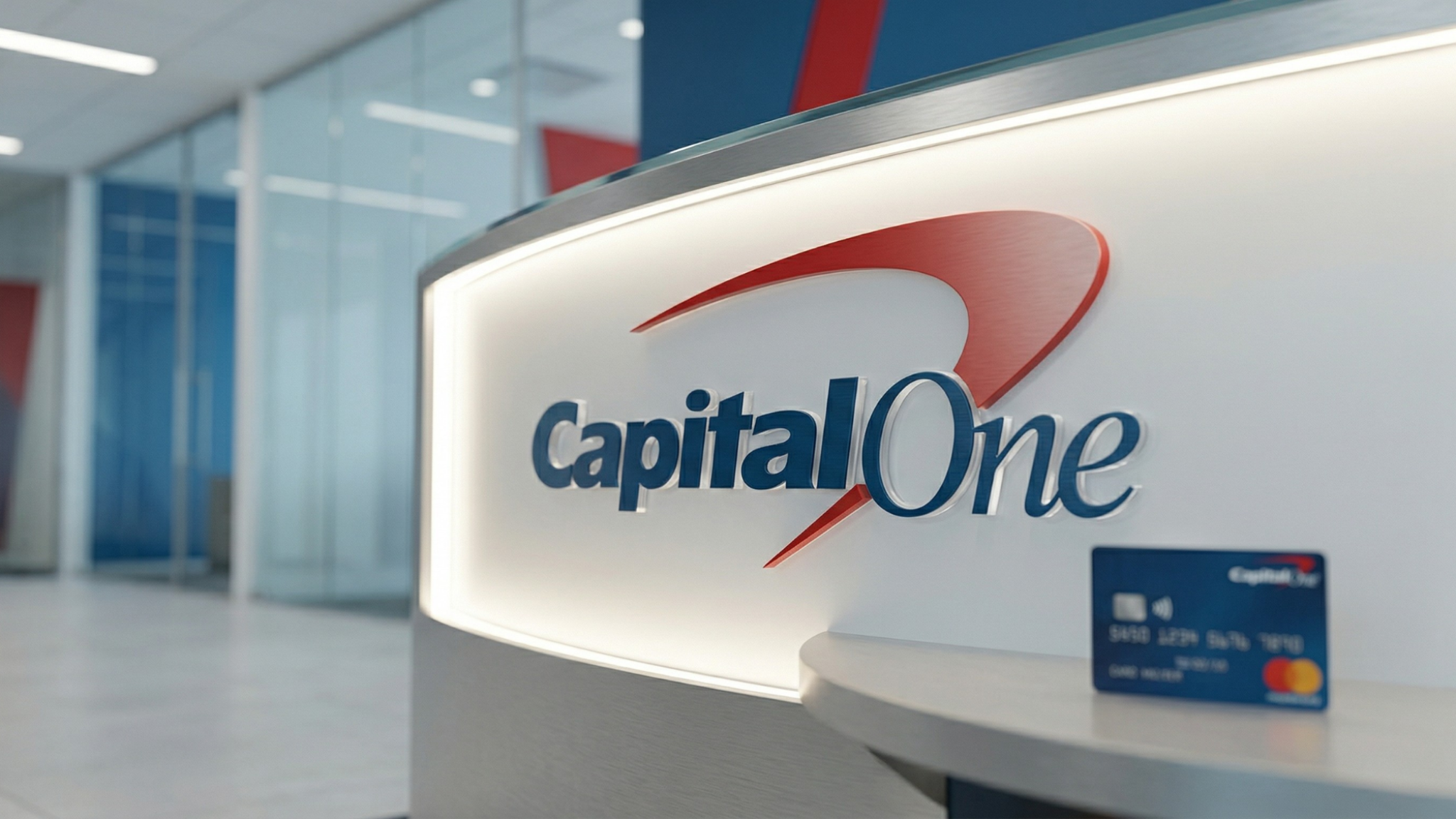Capital One branch interior with logo signage and credit card, representing banking expansion and acquisitions.