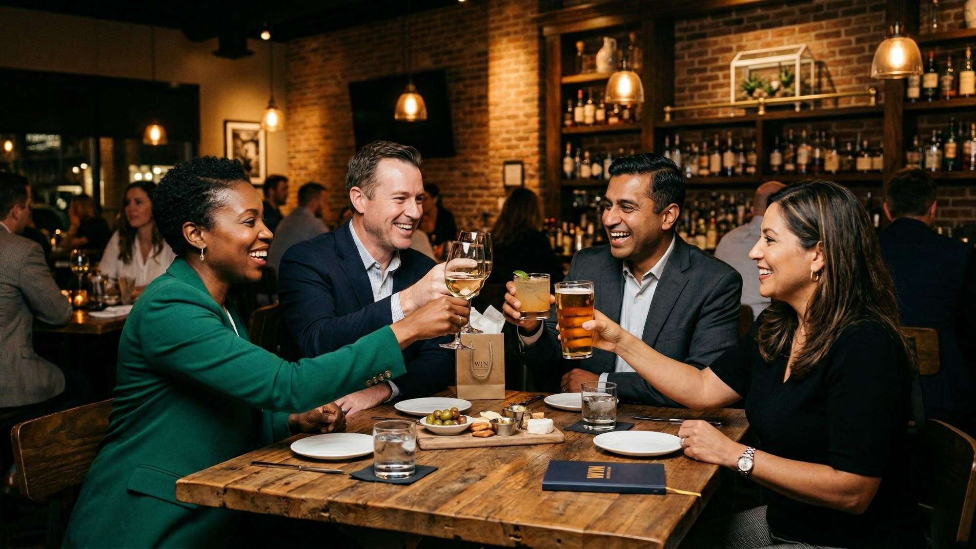 Four colleagues in business attire toast drinks at a dimly lit restaurant table, celebrating a win.