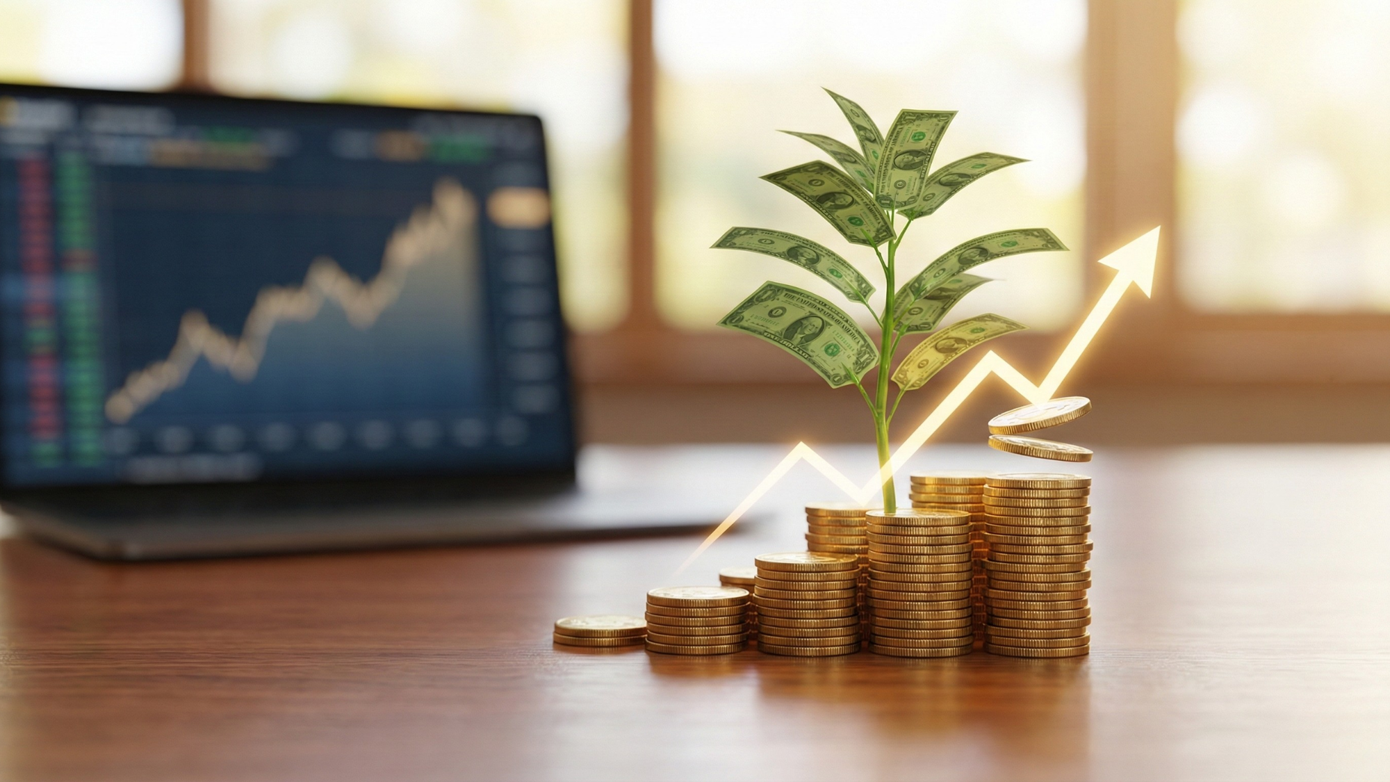 Growing stack of coins with a dollar-bill plant and rising arrow, symbolizing oil-driven market gains and energy sector strength.