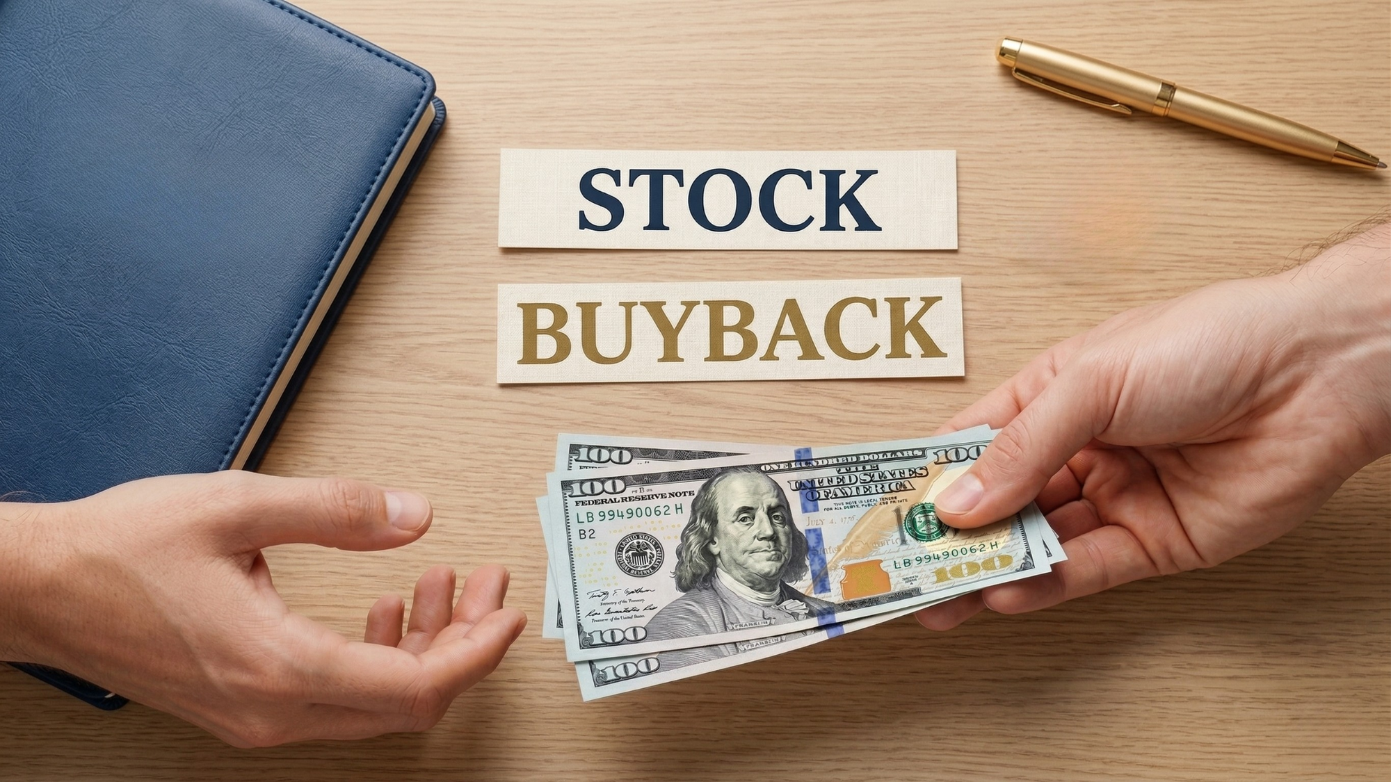 Hands exchanging cash beneath “stock buyback” text, symbolizing companies repurchasing shares to boost value.