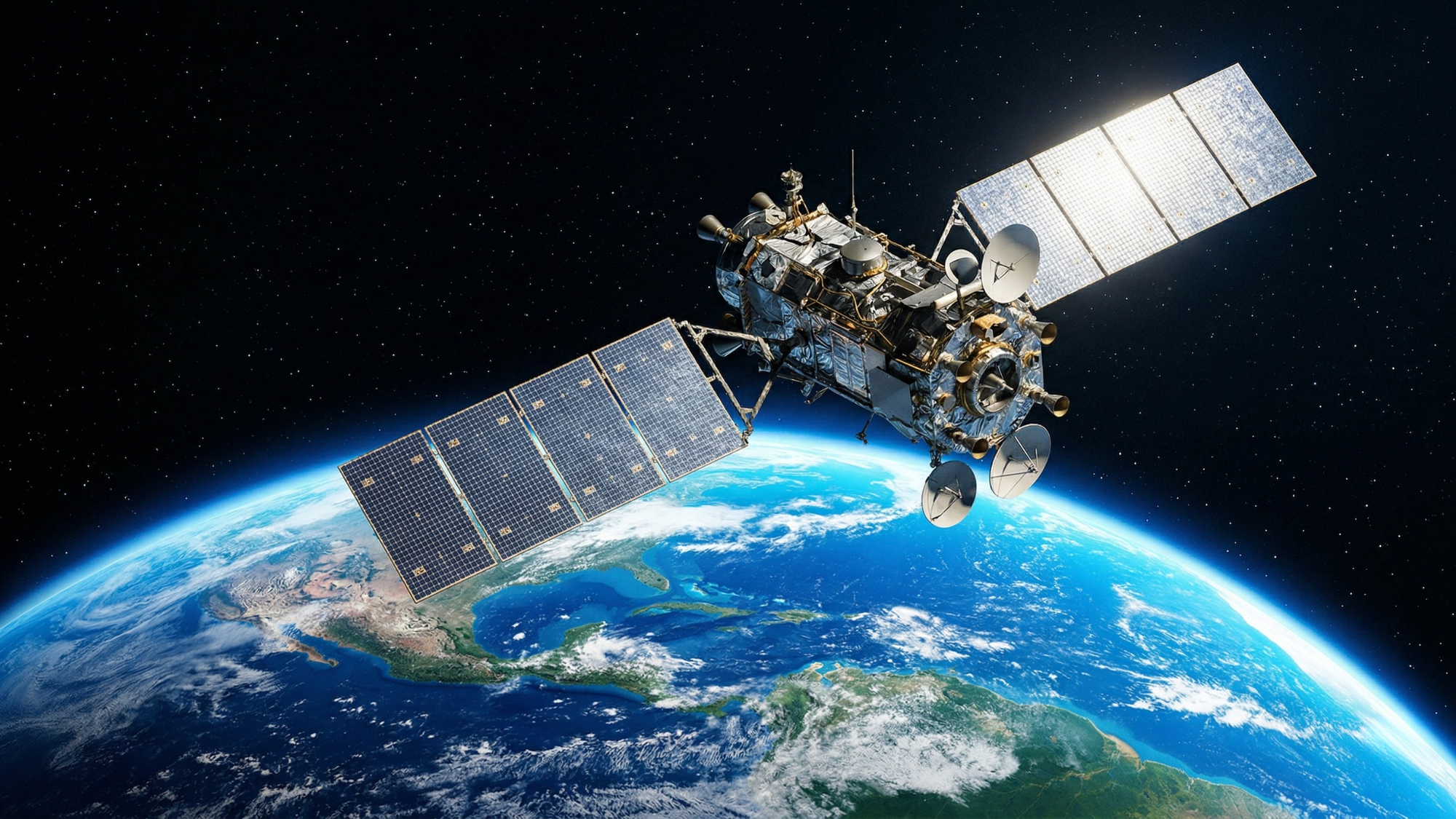 Satellite orbiting Earth illustrating rising satellite industry interest tied to SpaceX IPO momentum.
