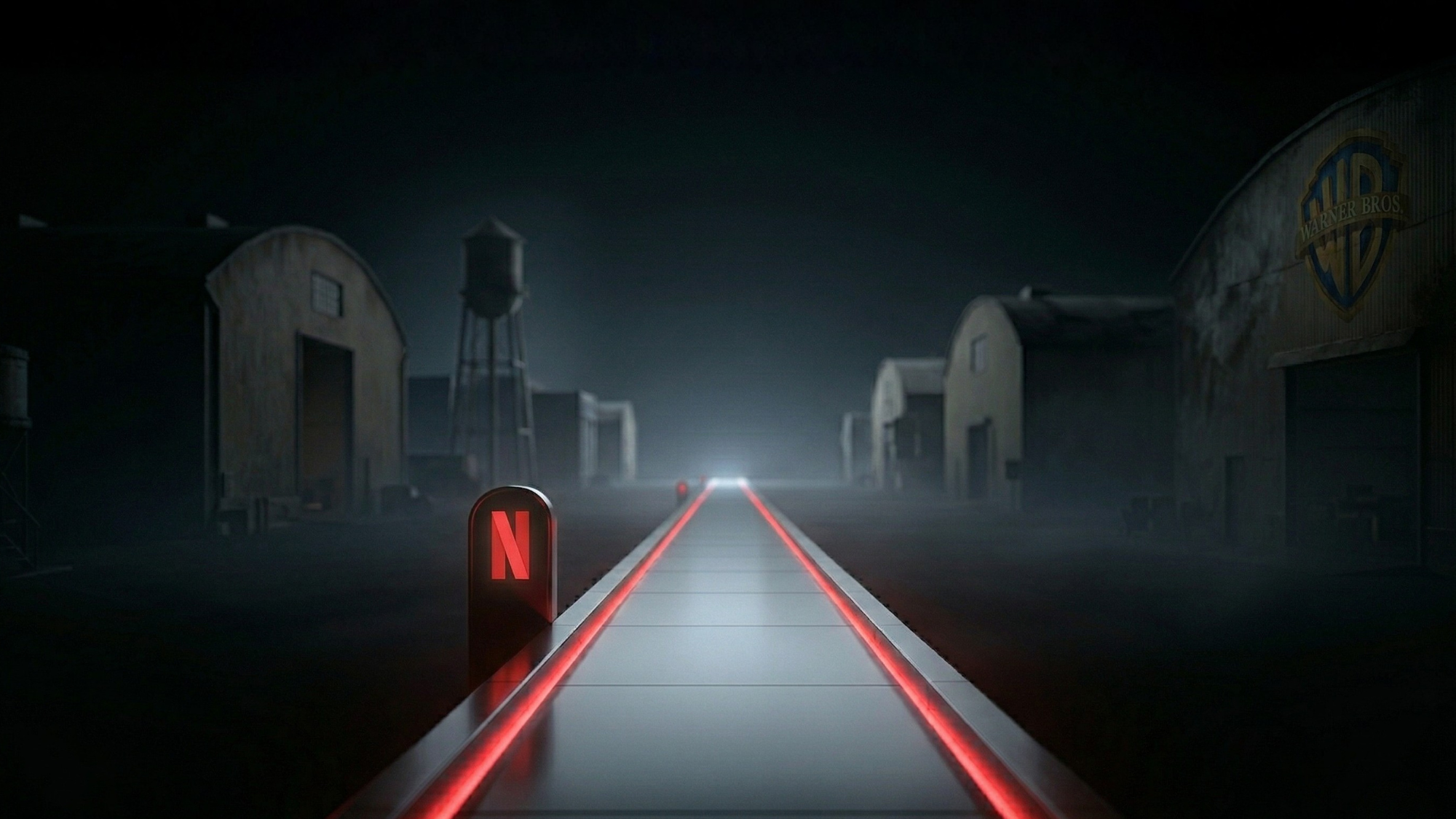 Netflix’s streaming platform symbolized by a red “N” advances past Warner Bros. studio lot, highlighting NFLX stock growth and shift to organic content strategy.