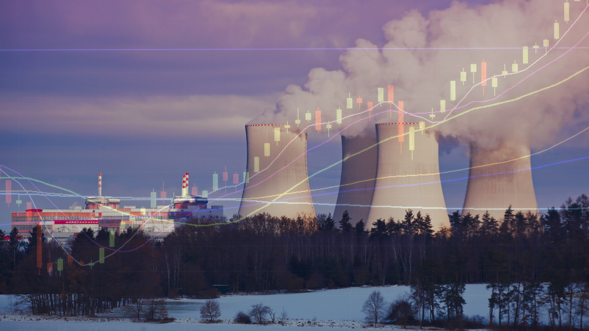 Nuclear power plant with rising stock chart overlay, highlighting AI-driven demand boosting nuclear energy sector growth.