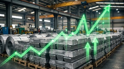 Stacks of aluminum ingots in a factory with a glowing upward price chart, symbolizing aluminum price surge in the industry.
