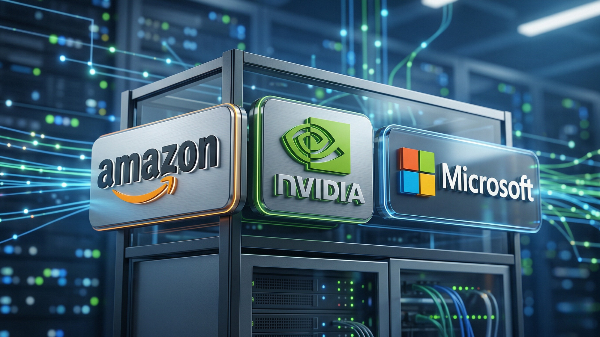 Data center servers displaying Amazon, NVIDIA, and Microsoft logos representing AI infrastructure and cloud computing growth..