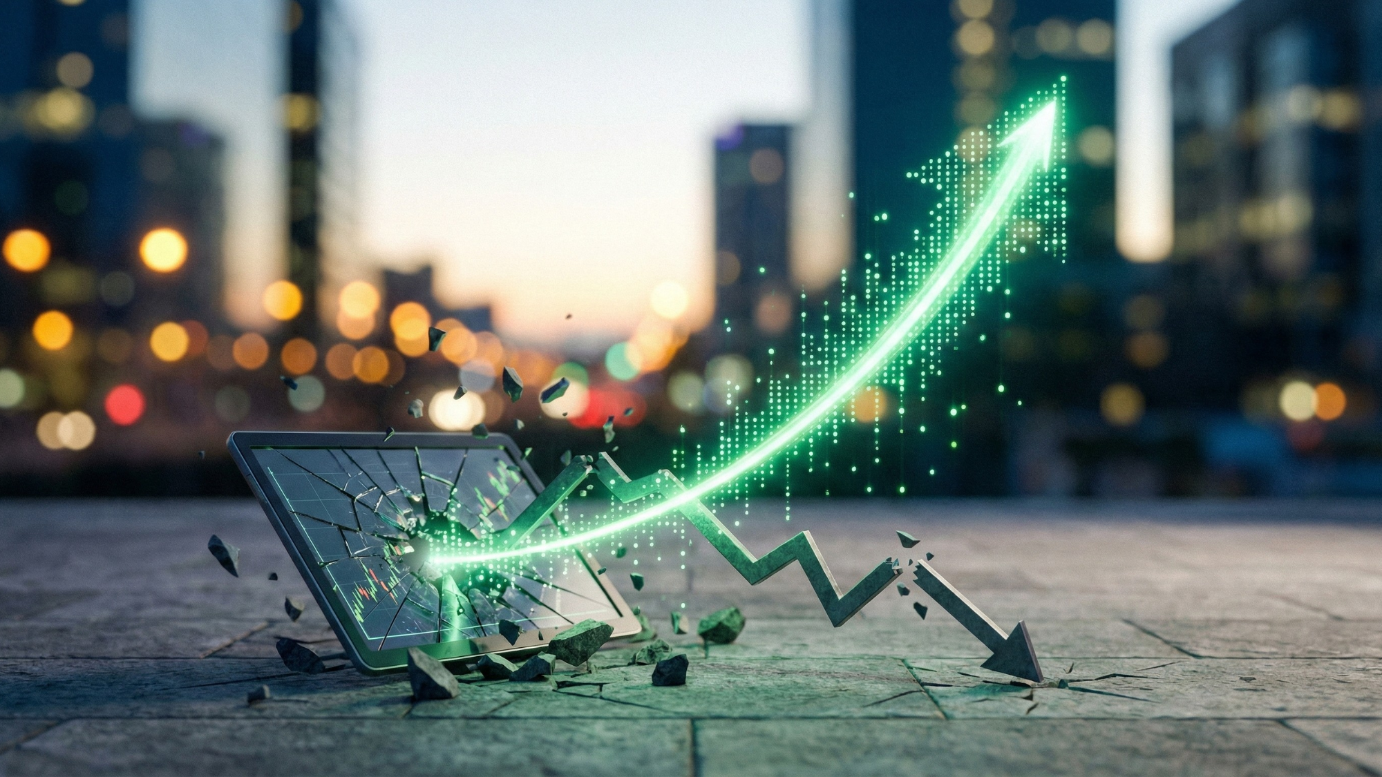 Glowing upward stock arrow breaking through a falling chart on a tablet, symbolizing energy sector gains amid market decline.