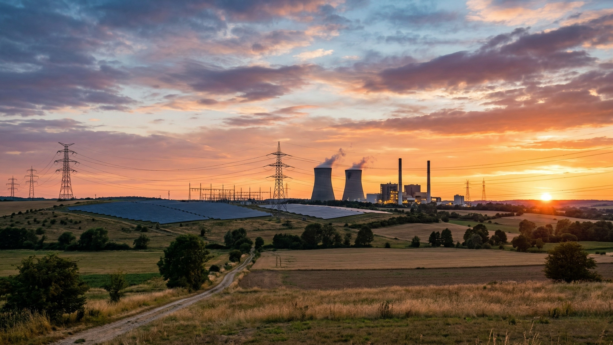 Power plant with transmission lines and solar panels at sunset, representing stable utility sector investment amid market uncertainty.