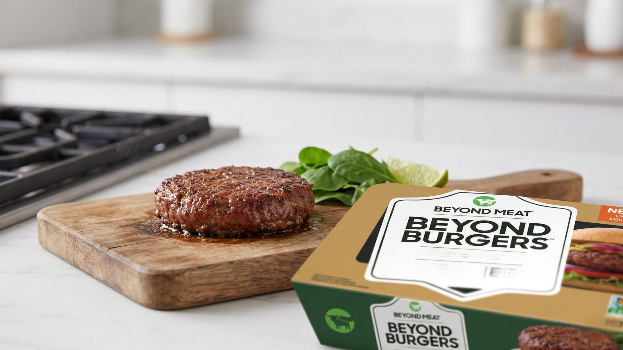 Beyond Meat burger patty and packaging on kitchen counter, highlighting plant-based meat amid weakening demand trend.