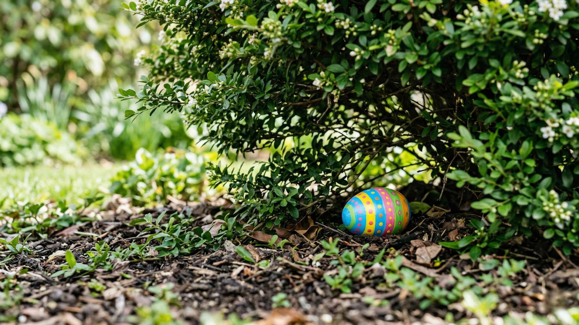 Colorful striped Easter egg resting in garden mulch beneath green shrub, symbolizing seasonal outdoor setting.