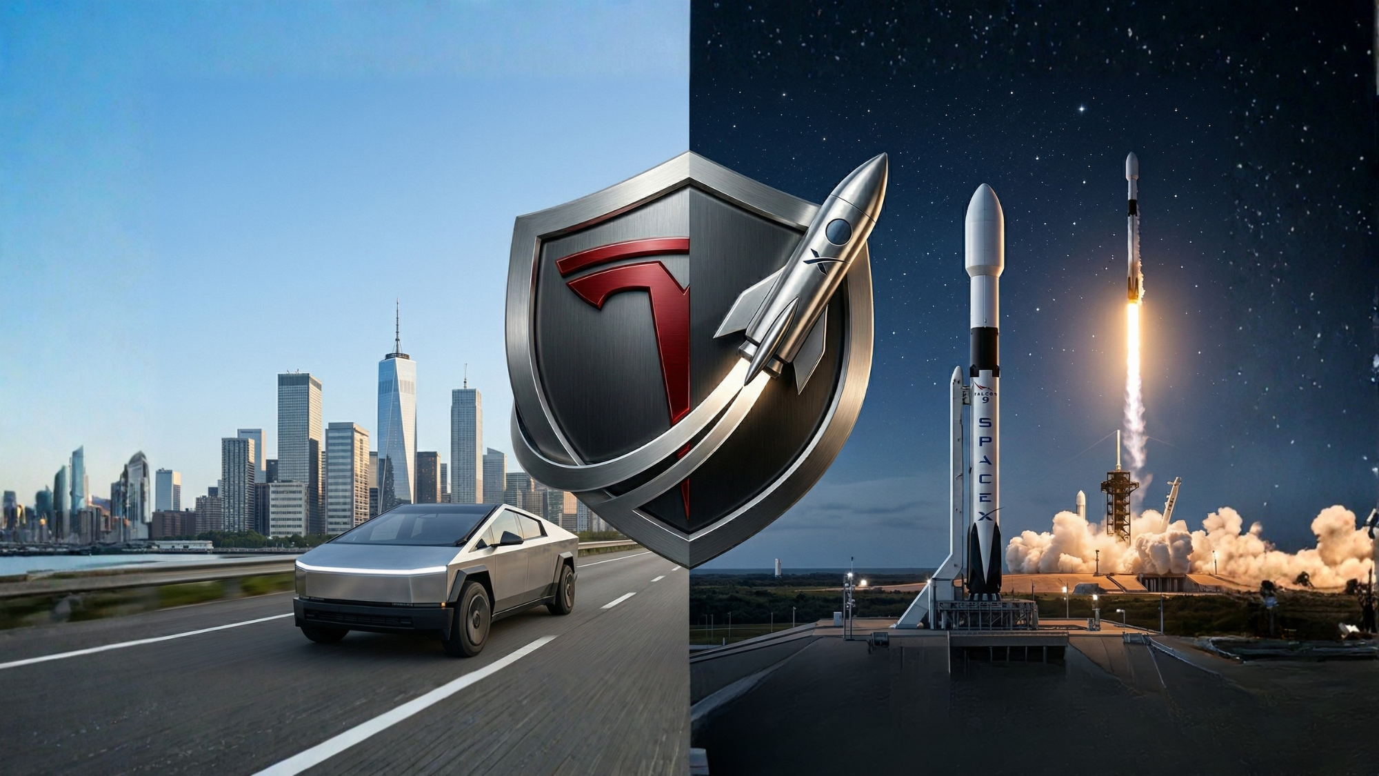 Tesla shield links Cybertruck and SpaceX rockets, illustrating merger rumors, IPO narrative and execution risk.