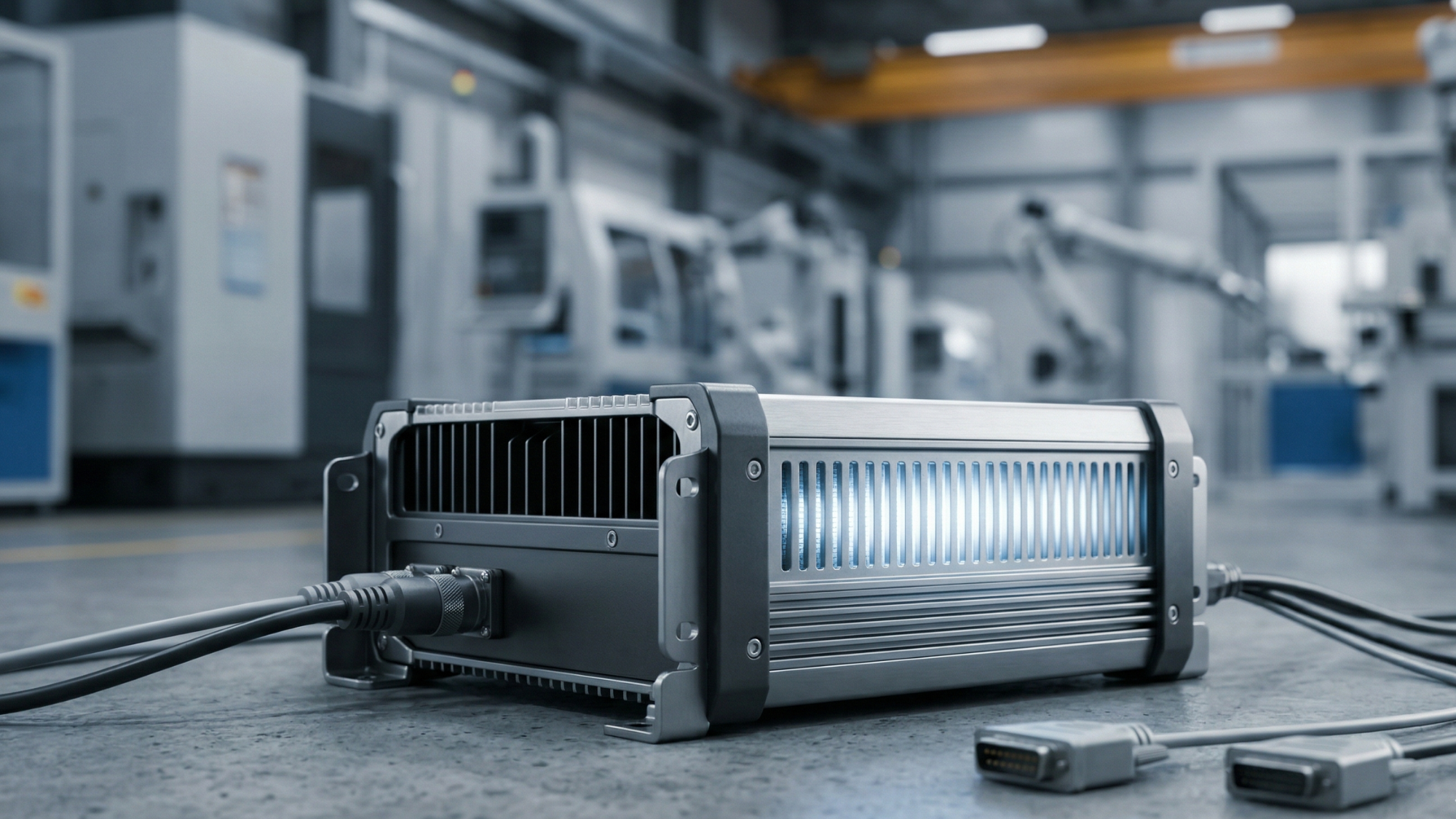 A rugged industrial computing module glowing with blue-white light on a factory floor, representing edge AI and onboard intelligence technology.