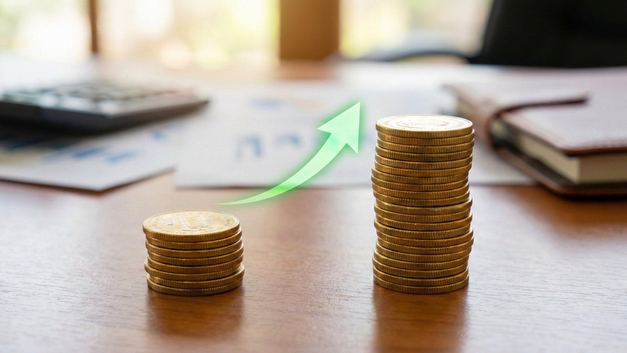 Stacked coins increasing in height with upward arrow, symbolizing dividend growth and rising investor returns.