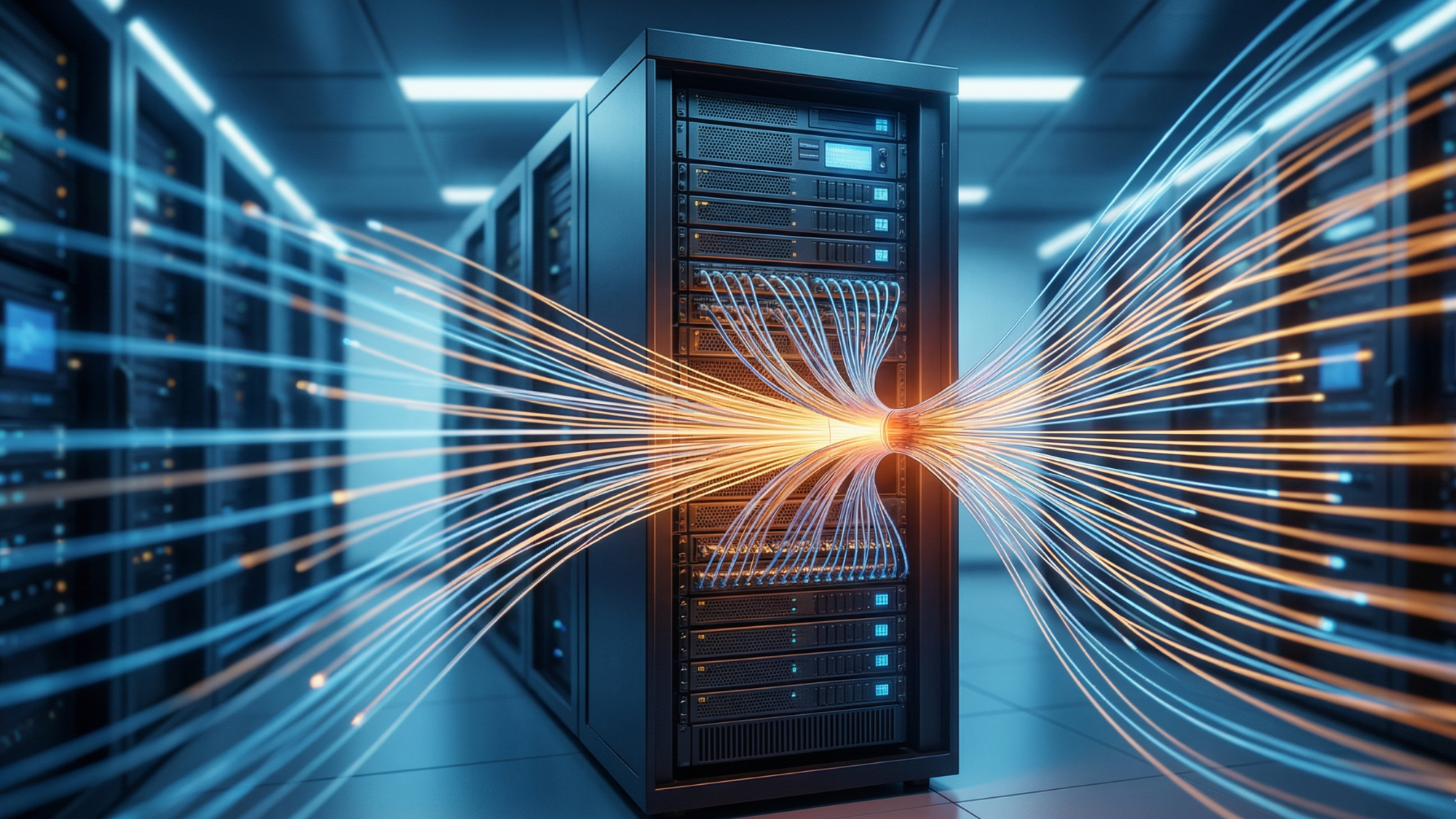 Data center server rack with fiber optic cables, reflecting AI infrastructure demand driving MU, STX, CIEN, and UI stocks.