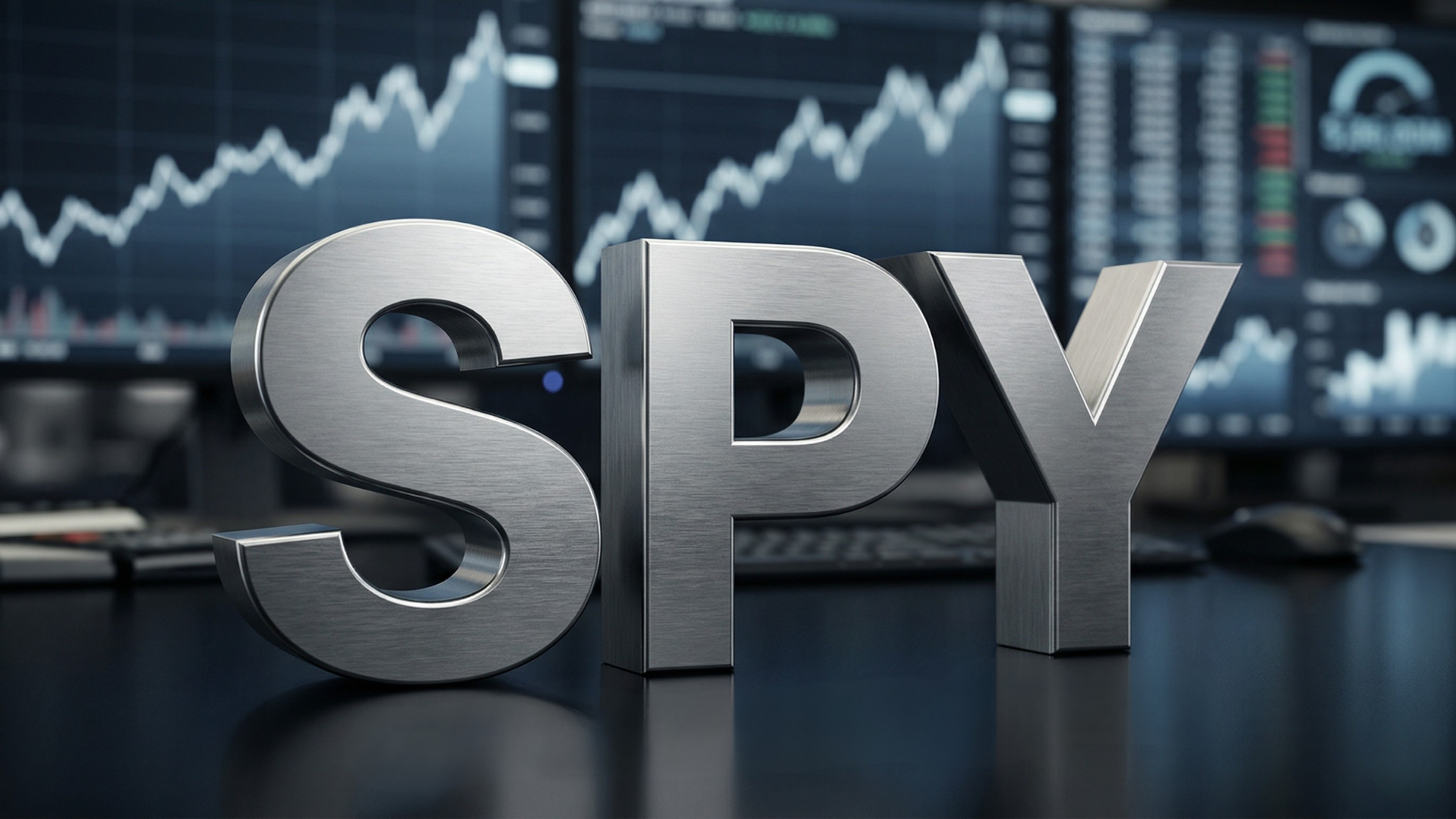 Metallic “SPY” letters in front of rising stock charts, symbolizing bullish outlook for S&P 500 ETF growth driven by earnings and AI.