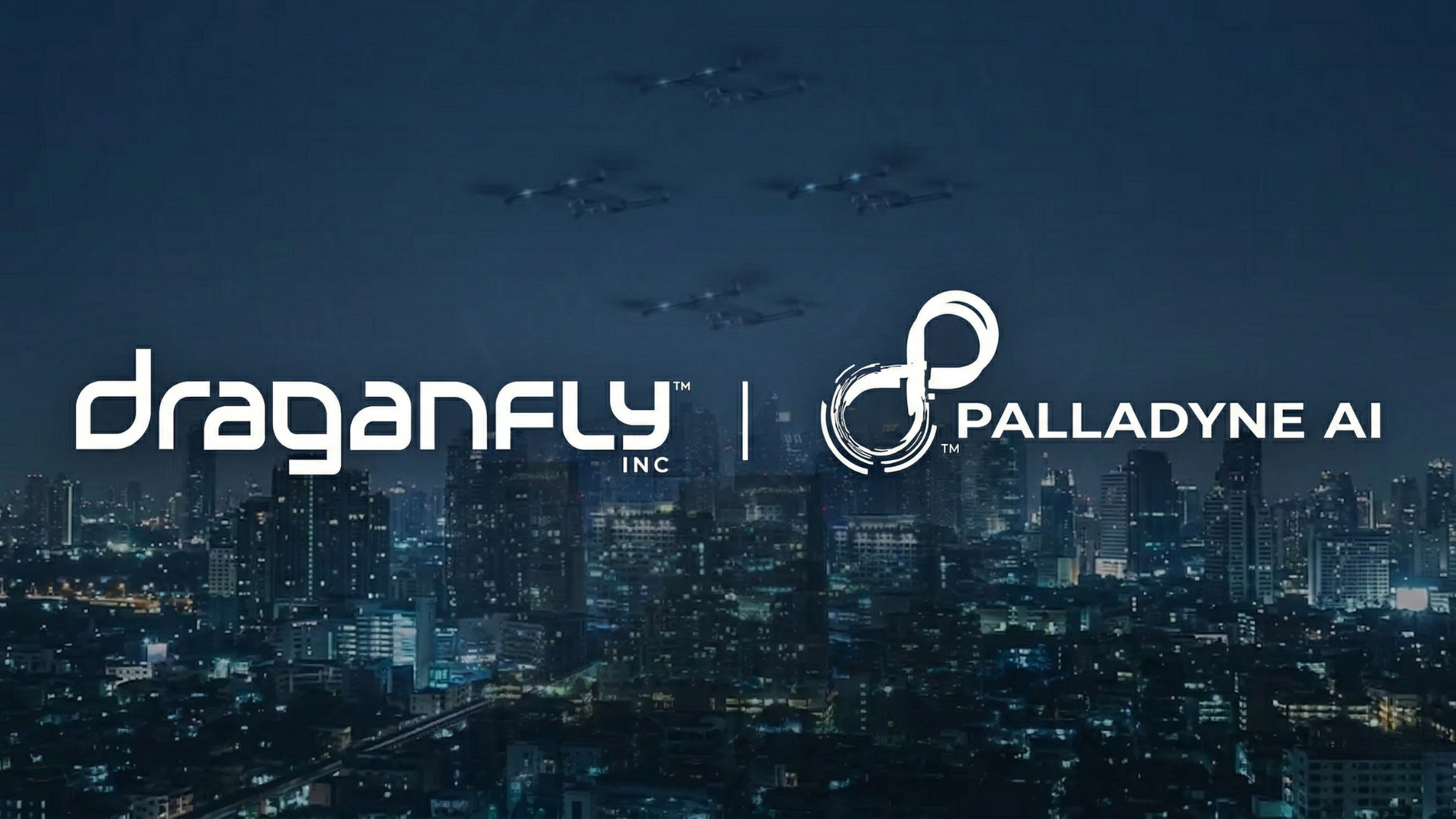Draganfly and Palladyne AI logos with drone swarm over cityscape, highlighting DPRO and PDYN defense AI partnership.