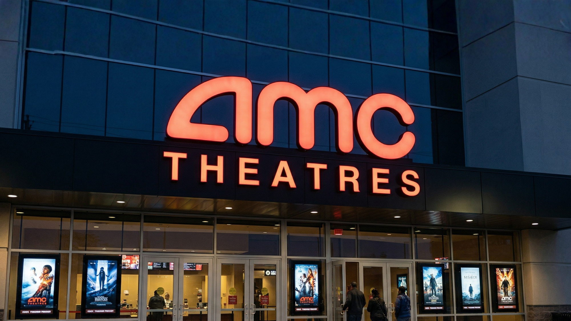 AMC Theatres entrance with glowing red logo at dusk, reflecting renewed box office surge and strong cinema demand.