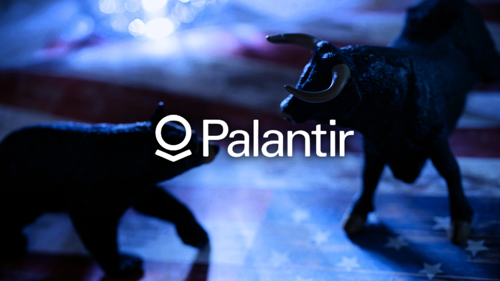 Palantir logo over blurred bull and bear figures symbolizing stock volatility and valuation debate in tech sector.
