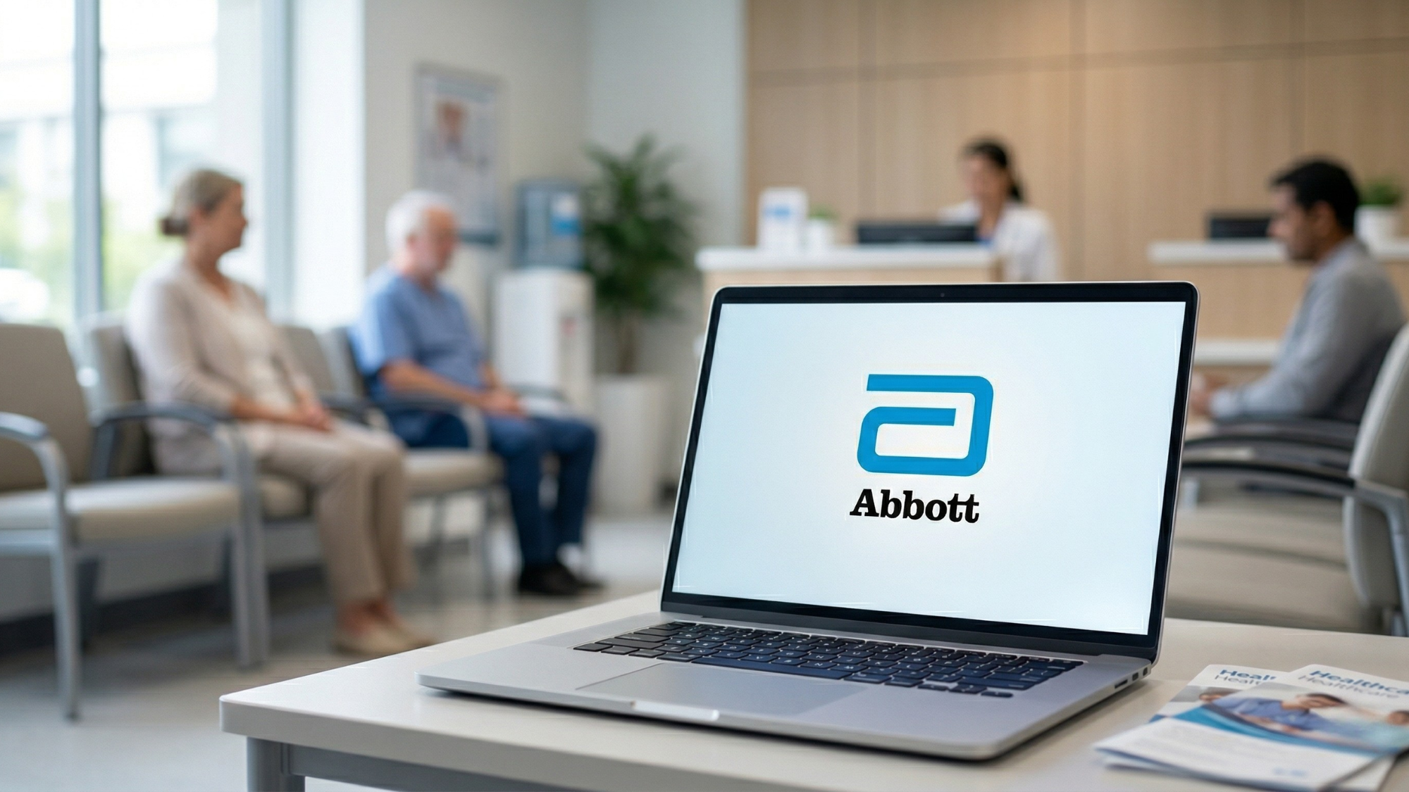 Laptop displaying Abbott logo in a clinic waiting room, highlighting healthcare company amid stock downturn context.