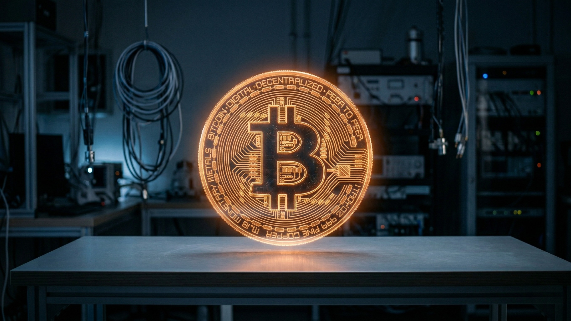 Glowing Bitcoin coin in a dark lab setting, symbolizing quantum computing threat to cryptocurrency security.