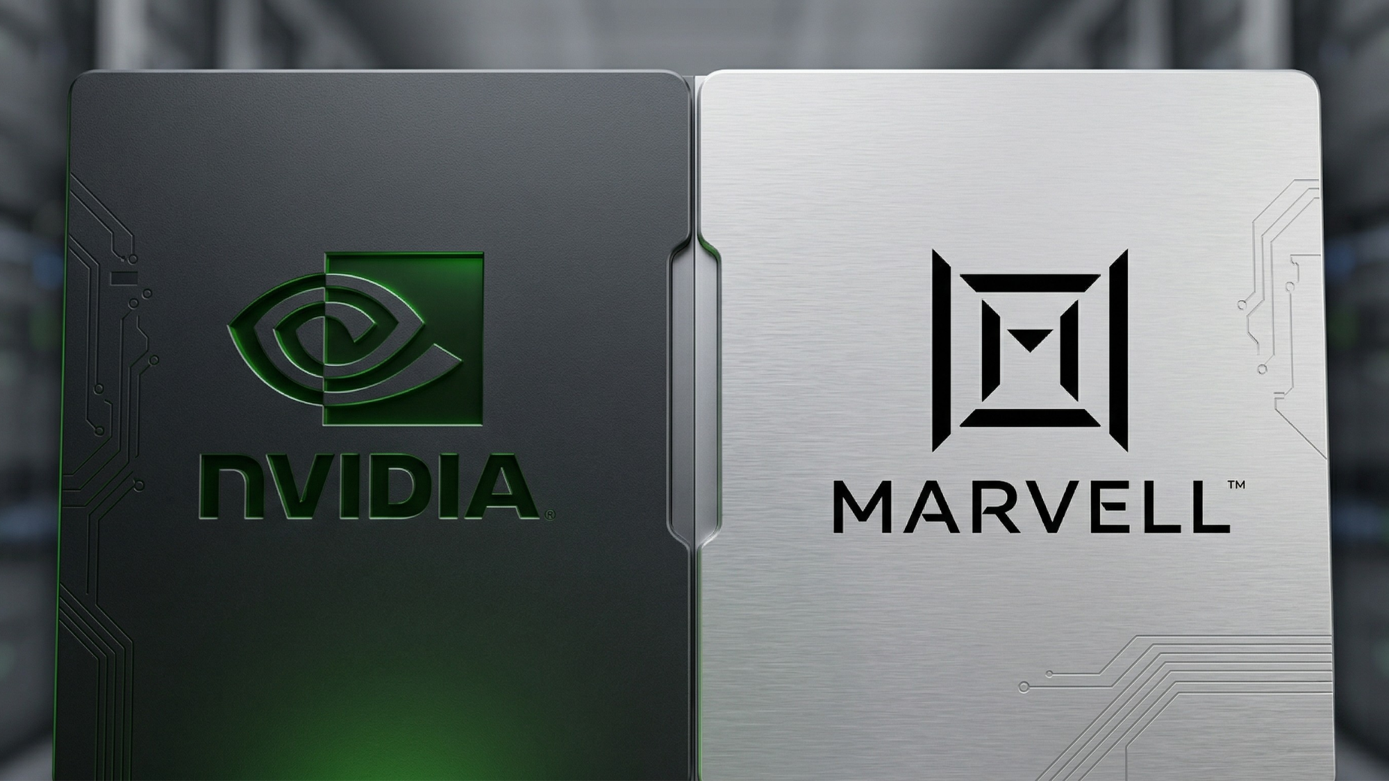 NVIDIA and Marvell AI chips side by side, symbolizing strategic investment and semiconductor partnership in data centers.