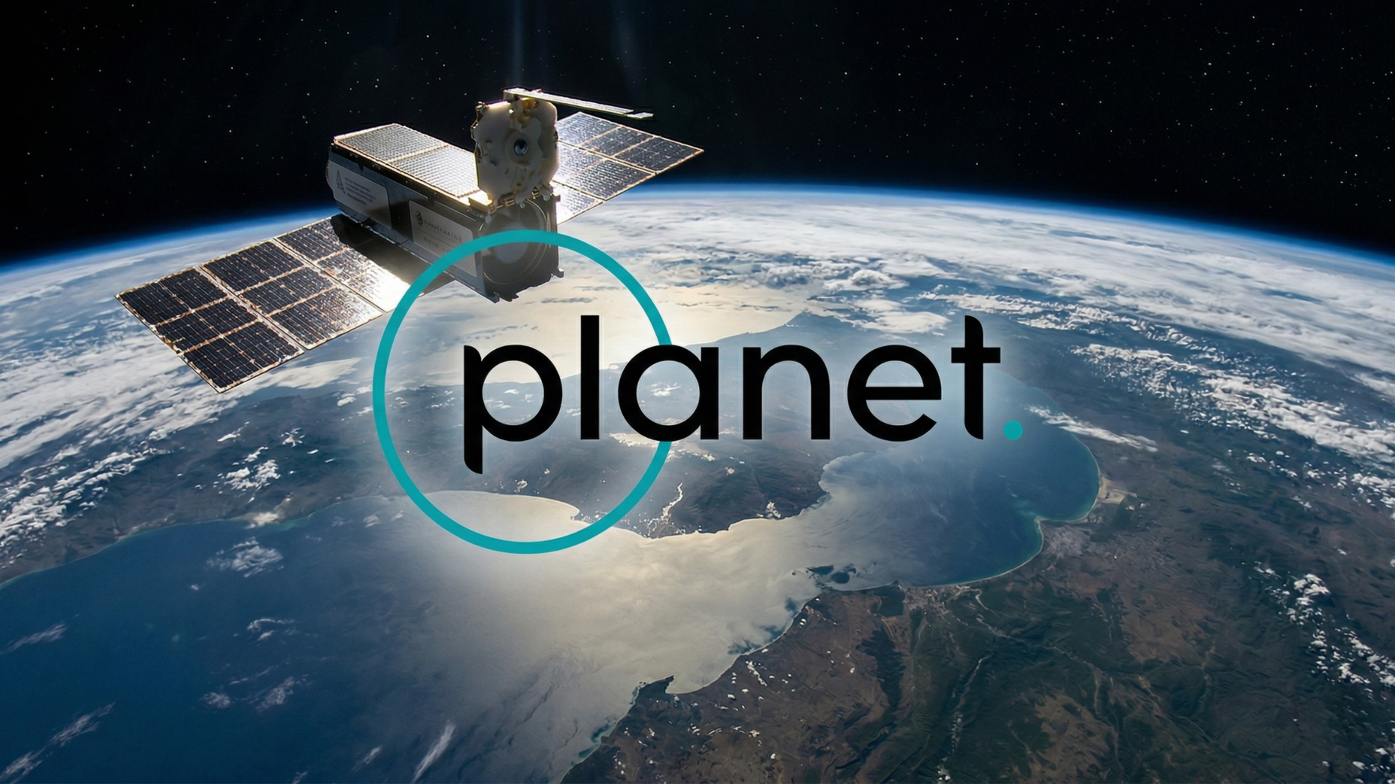 Satellite with Planet Labs branding orbiting Earth, illustrating government-controlled satellite imagery and data restriction.