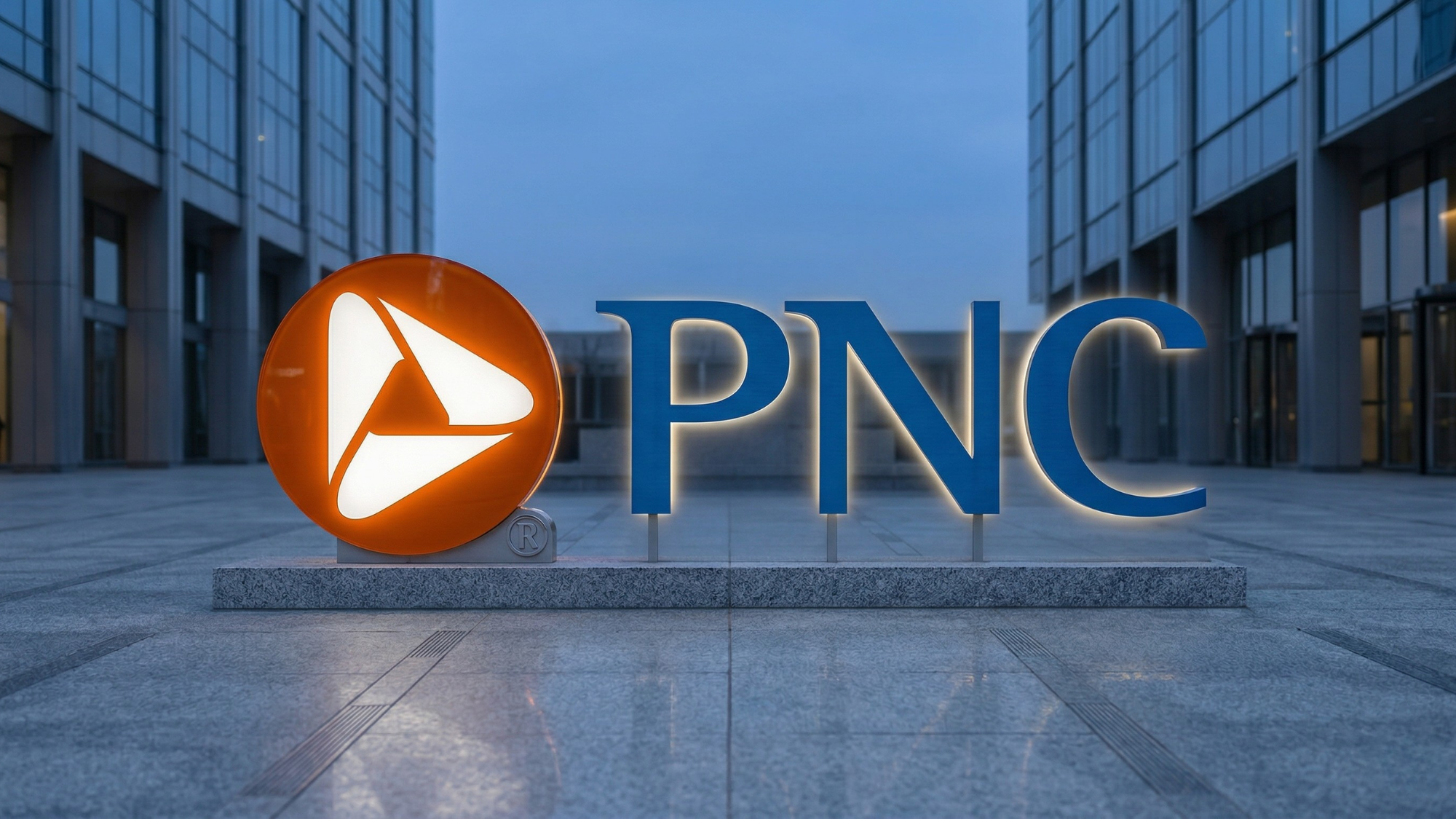 PNC bank logo displayed outside a modern office building, reflecting strong financial performance and growth in regional banking.