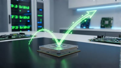 Glowing chip and rising arrow signal Micron Technology’s expected Q2 rebound as institutional buying builds.