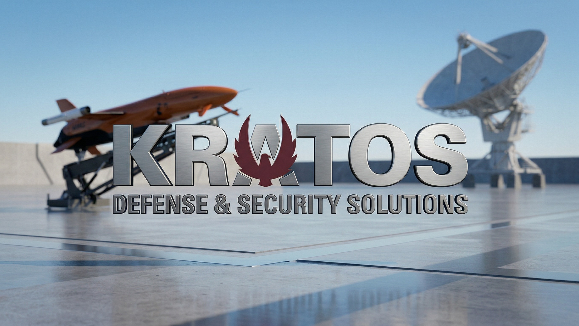 Kratos Defense logo with unmanned drone and satellite dish, symbolizing autonomous defense technology advancement.