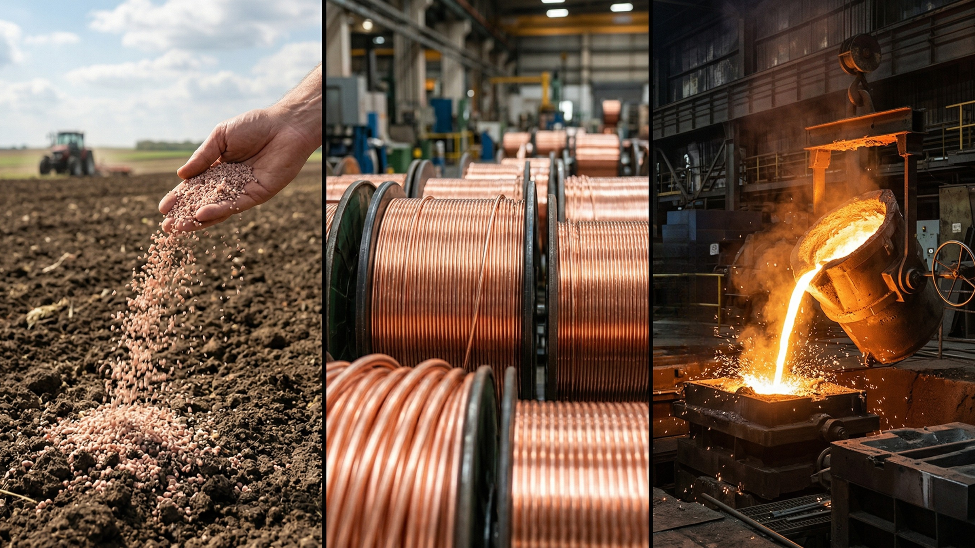 Three-panel image showing fertilizer spread on soil, copper wire spools, and molten metal pouring in a factory, highlighting key mining resources