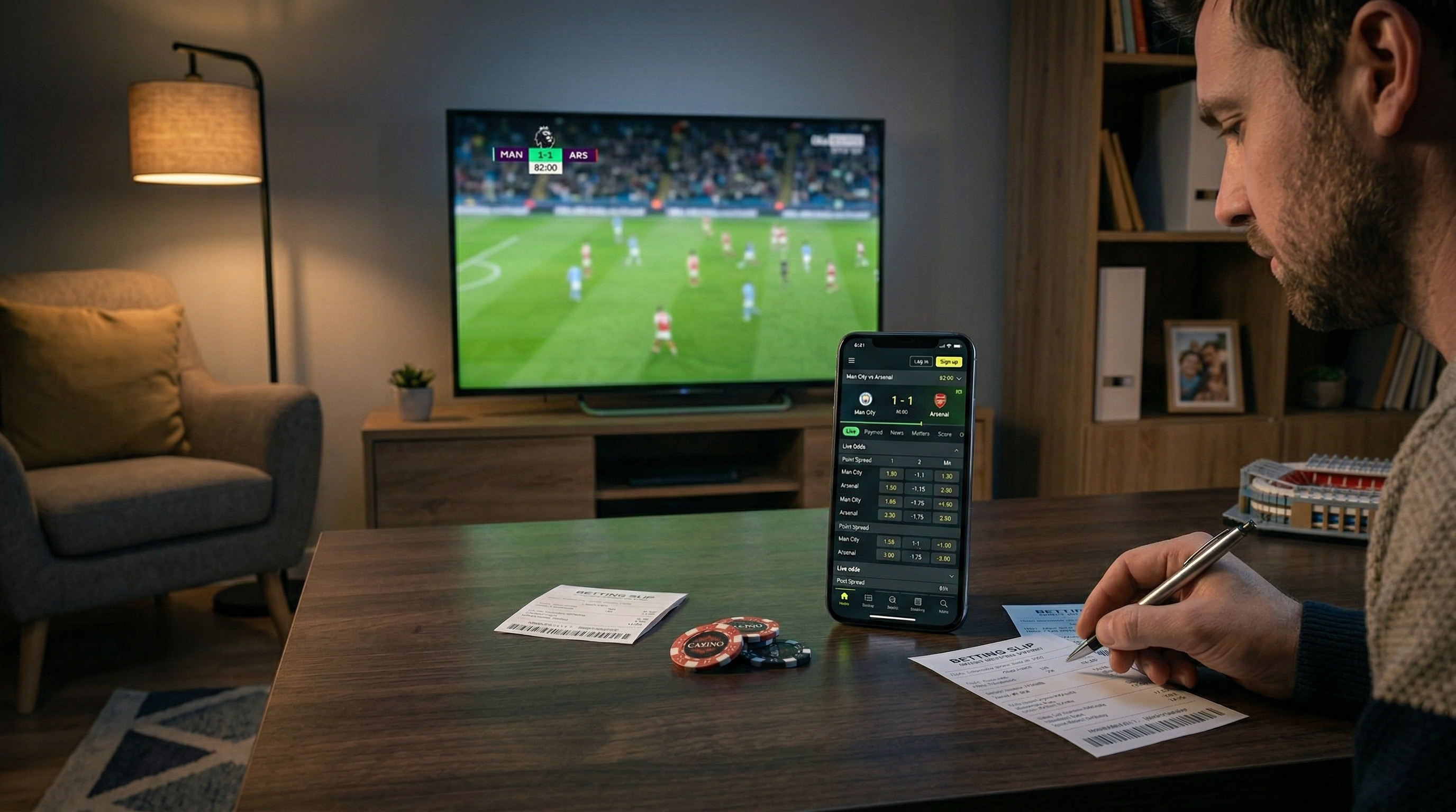 Sports betting app displays live soccer odds beside chips and slips, illustrating Flutter's online gambling business.