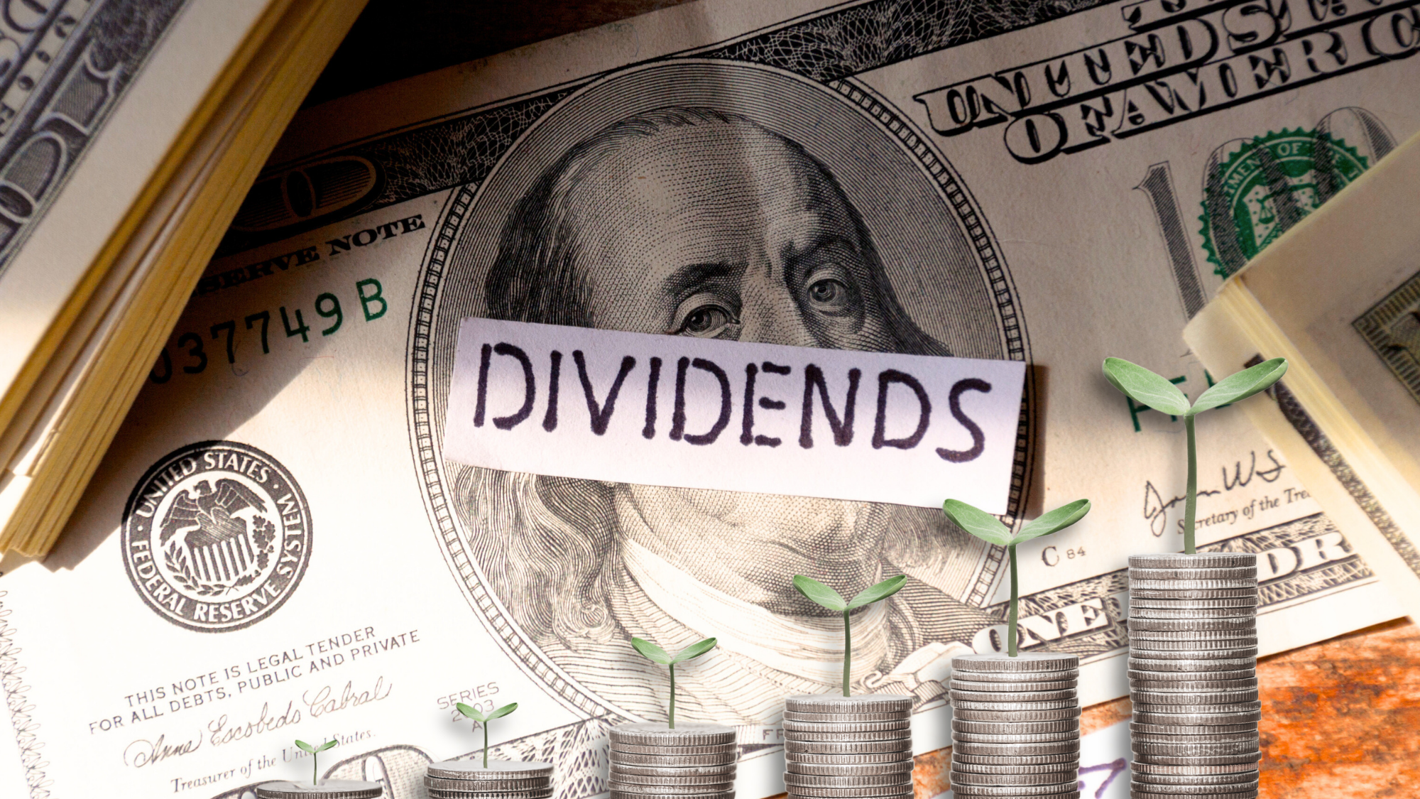 Close-up of U.S. dollar bills with “dividends” label and growing coin stacks.