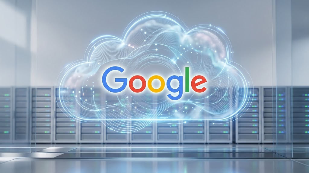 The Google logo centered inside a glowing, wireframe digital cloud, hovering in front of blurred rows of server racks in a modern data center.
