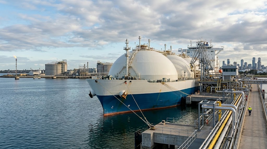 A large liquefied natural gas carrier ship docked at an industrial port facility.