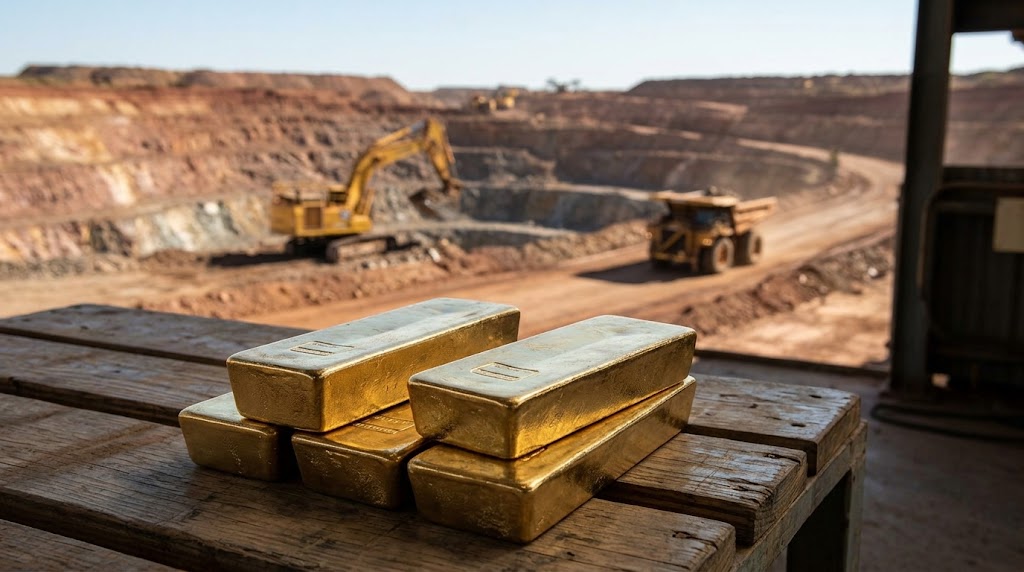 Stack of gold bars in the foreground with an active open-pit mine in the background.