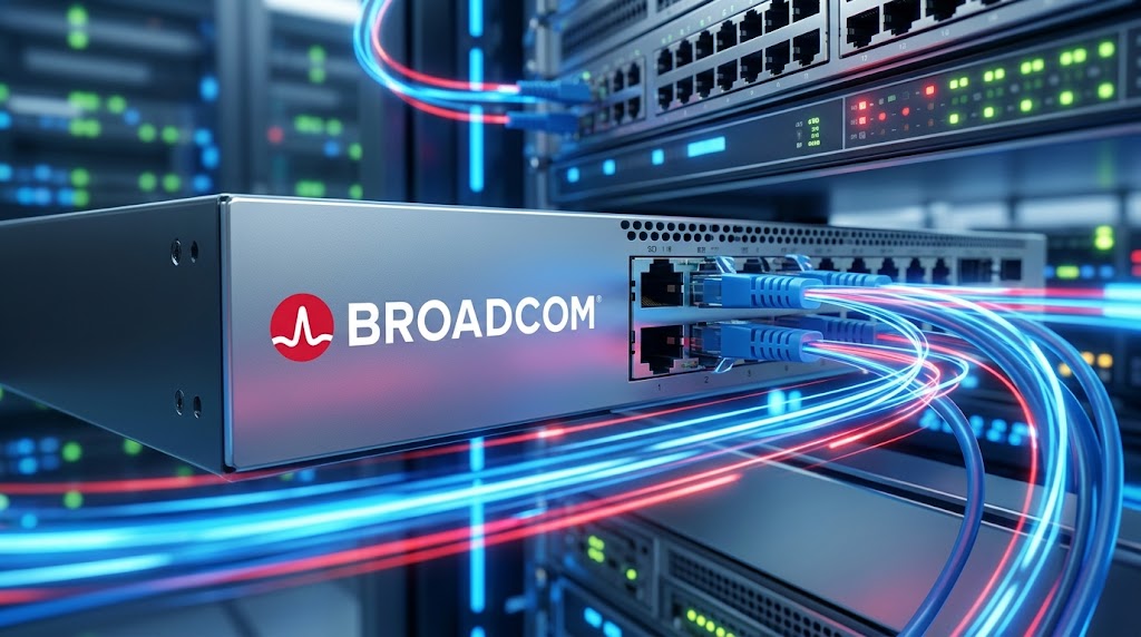 A photorealistic close-up of a Broadcom network switch with glowing blue and red light trails symbolizing data flow.