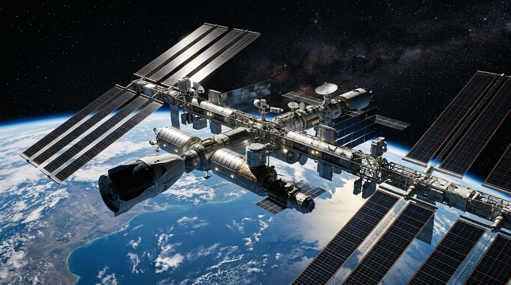 Space station with solar arrays in orbit over Earth against deep space.