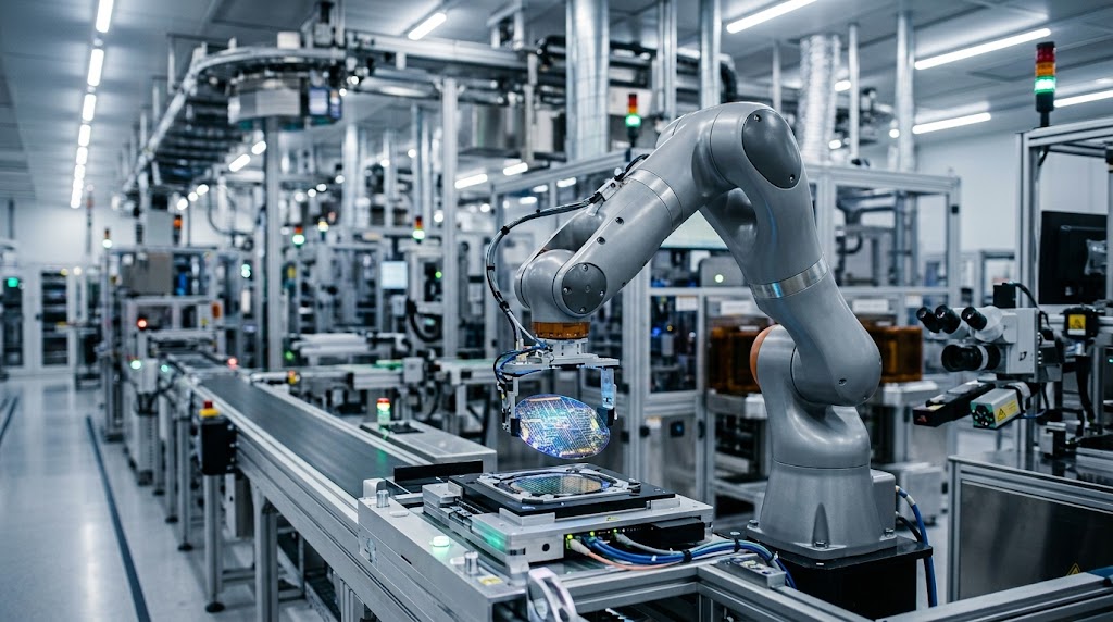 A robotic arm precise-handles a silicon wafer in a sterile semiconductor manufacturing cleanroom.