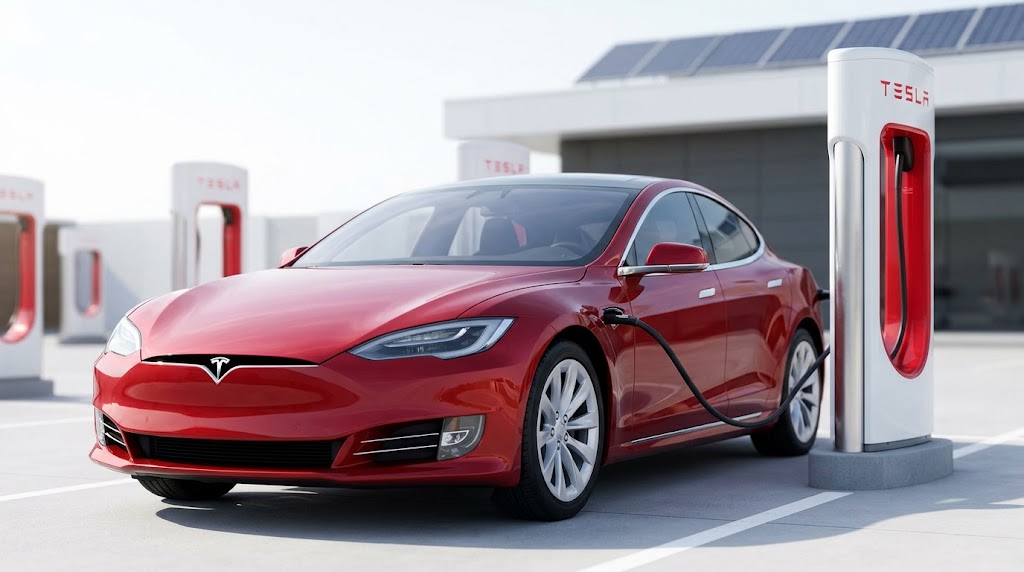 A red Tesla plugged into an official Tesla Supercharger station.