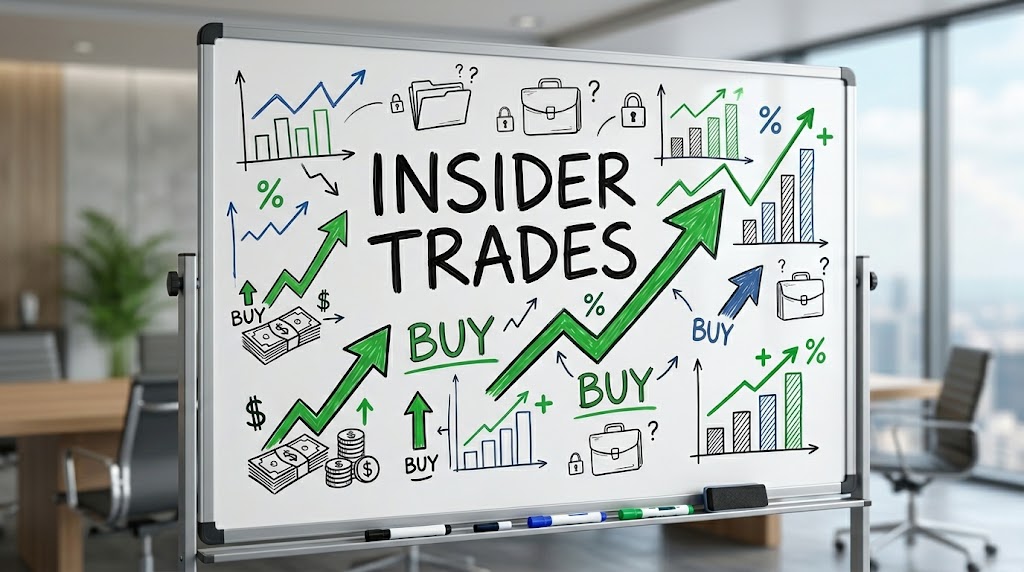 An office whiteboard displaying the text 'INSIDER TRADES' surrounded by hand-drawn financial charts, green upward arrows, and money icons.
