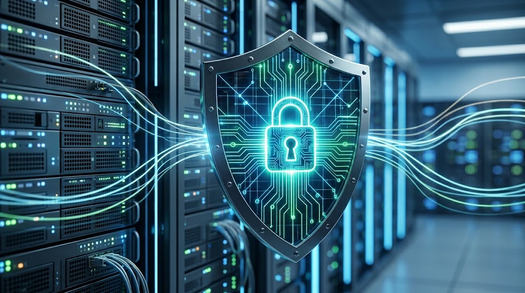 A glowing cybersecurity shield with a padlock icon in a data center.