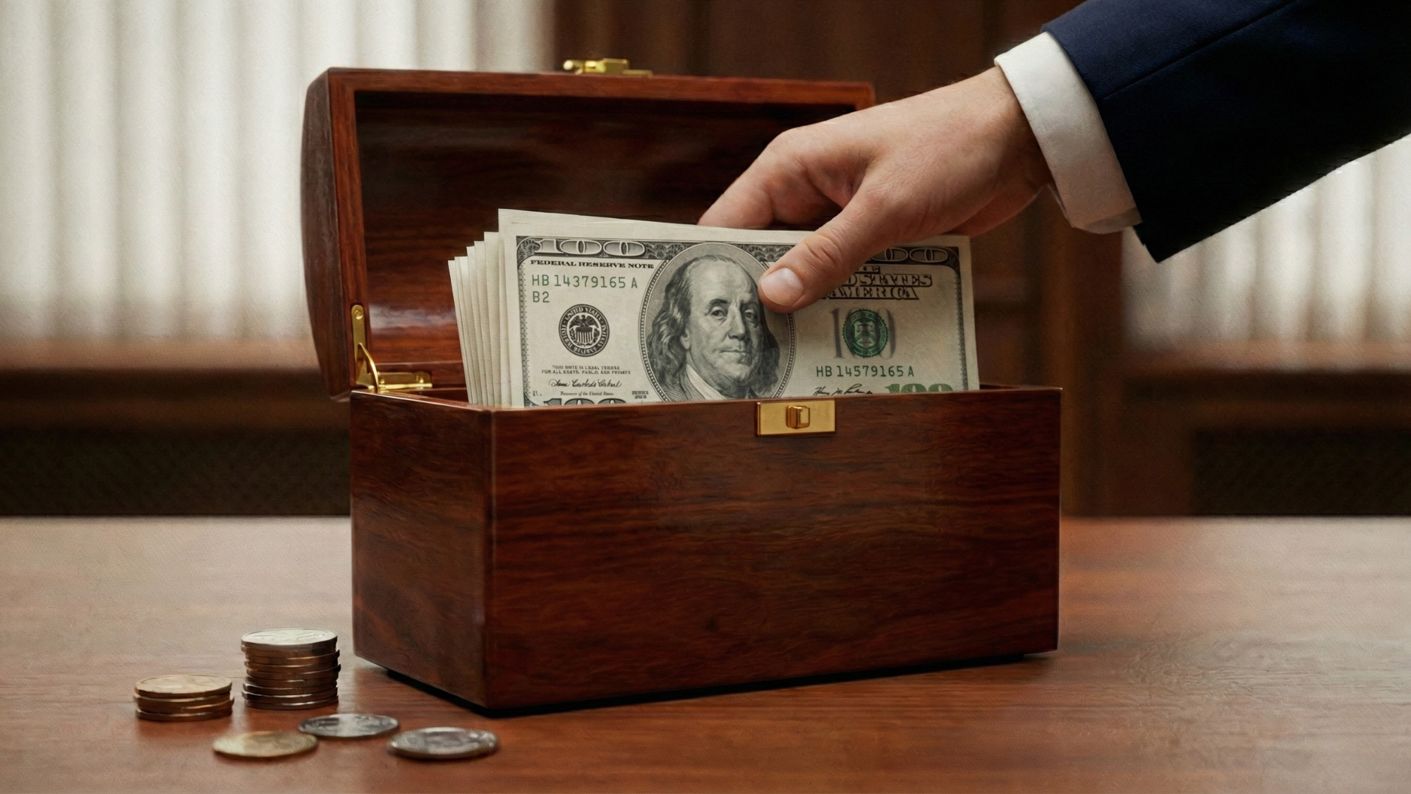 Hand placing stacks of U.S. dollars into a wooden box, symbolizing a company reclaiming cash or shares in a buyback strategy.