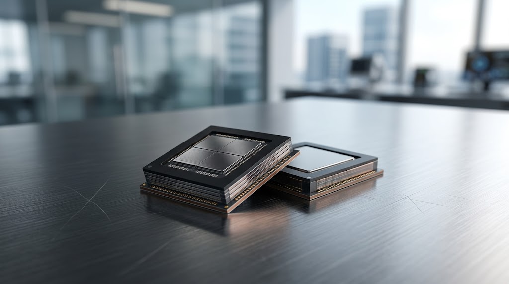 Close-up of two HBM chips on a polished table.