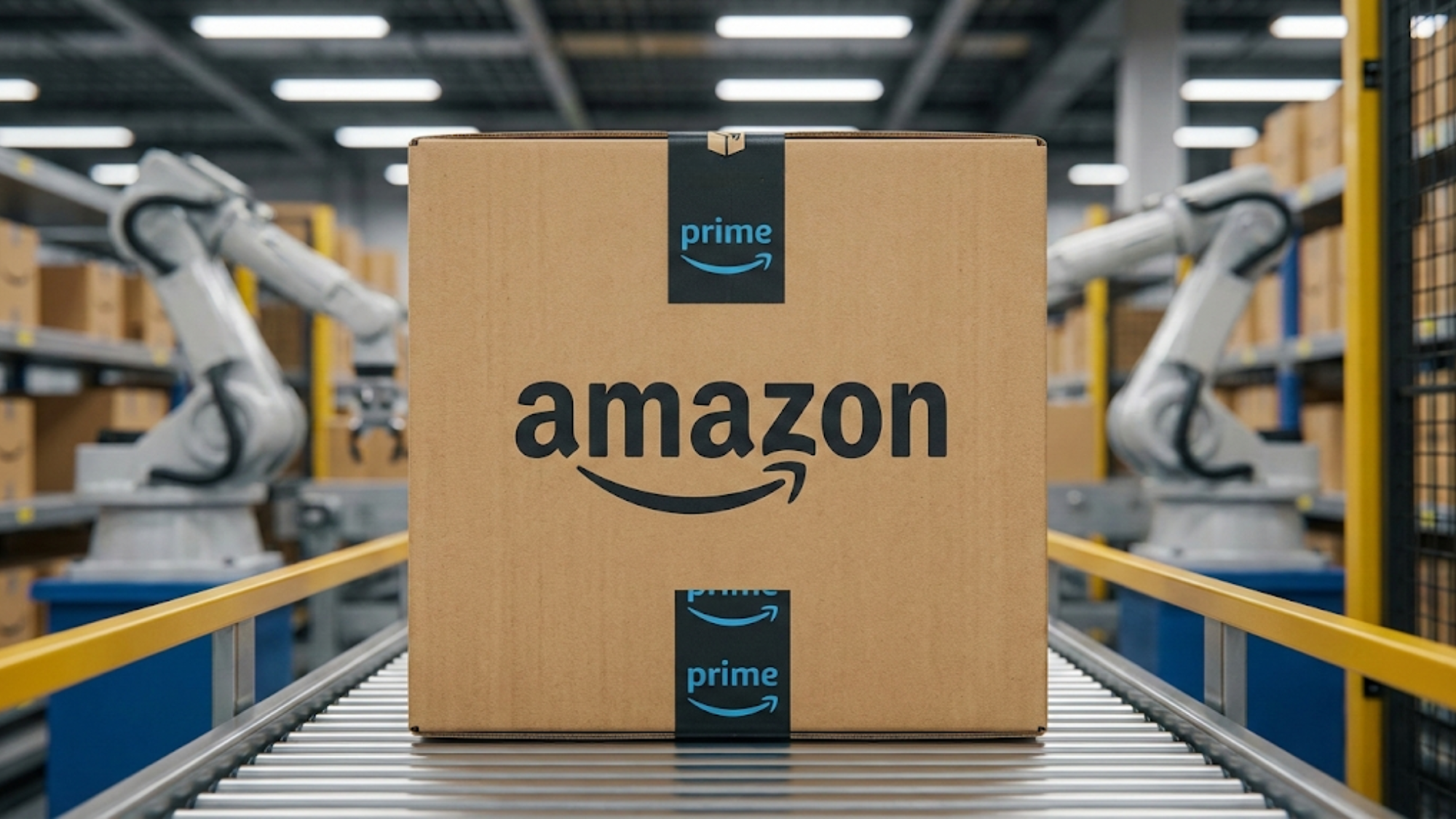 Amazon warehouse box on conveyor with robotic arms, symbolizing logistics strength and AI-driven growth.