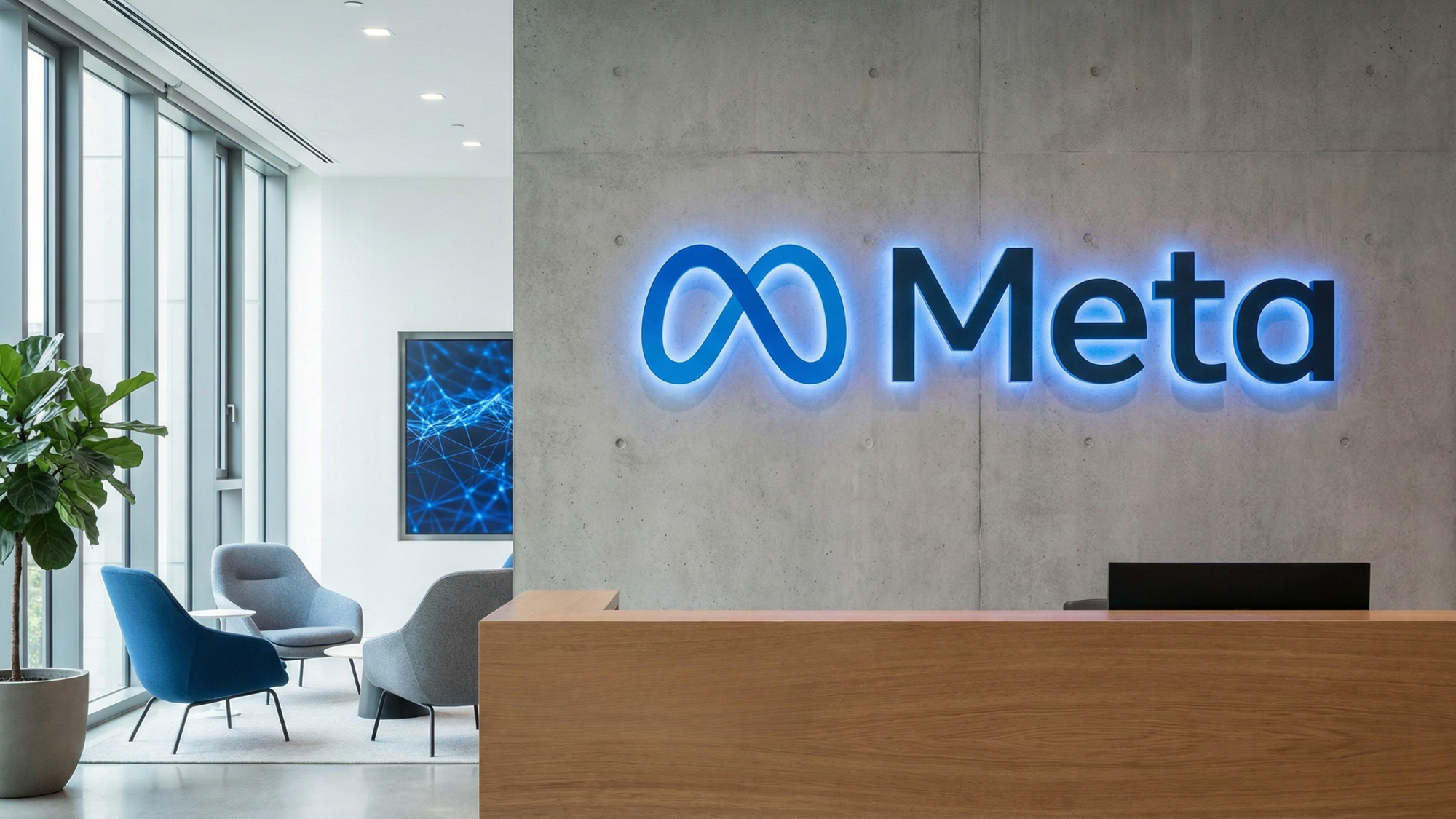 Meta office lobby with illuminated logo on concrete wall, representing big tech and social media industry.