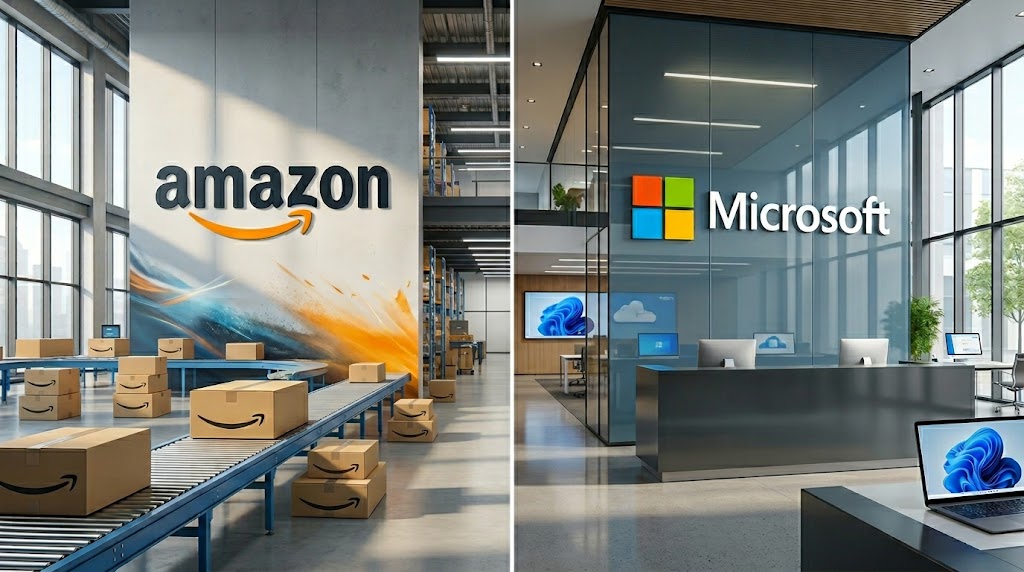 A split-screen graphic contrasting an Amazon fulfillment warehouse with boxes on a conveyor belt on the left, and a modern Microsoft office lobby on the right.