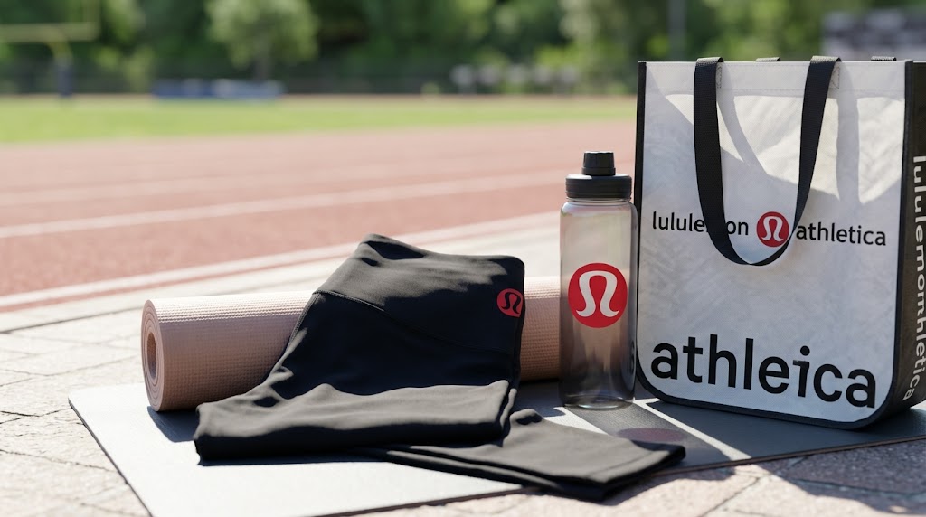 Lululemon Athletica branded leggings, water bottle, and tote bag resting on a yoga mat near an outdoor running track.
