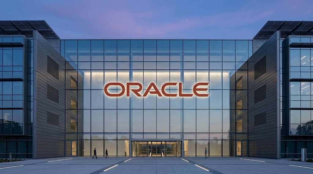 The red Oracle logo illuminated on the glass facade of a modern corporate office building at dusk.