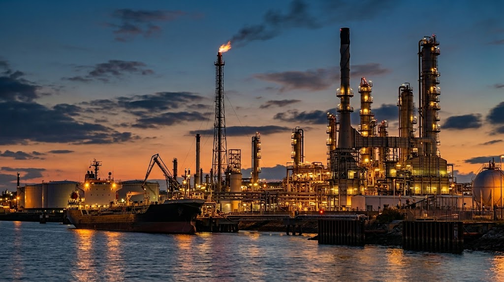 An illuminated oil refinery and docked tanker ship beside water at sunset.